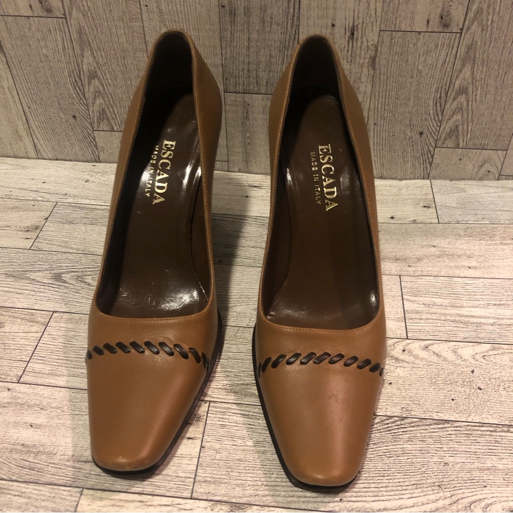 Escada Made in Italy Brown Leather Pumps Size 37.5 / Size 7.5 - 8 Rope Stitch